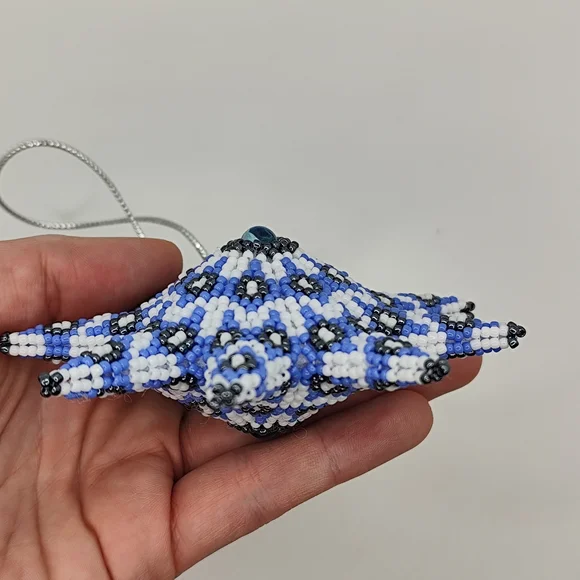 Beaded Starburst Ornament in Light Blue, White & Black - Picture 4 of 8